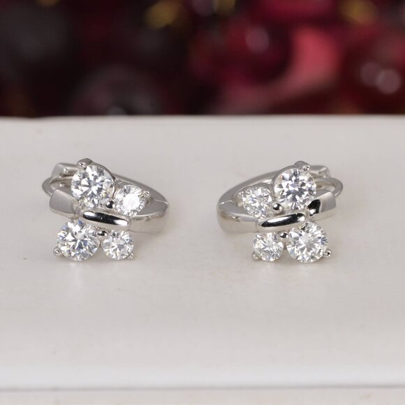 Certified All Moissanite Butterfly Huggies Earrings 925 Sterling - Picture 1 of 8
